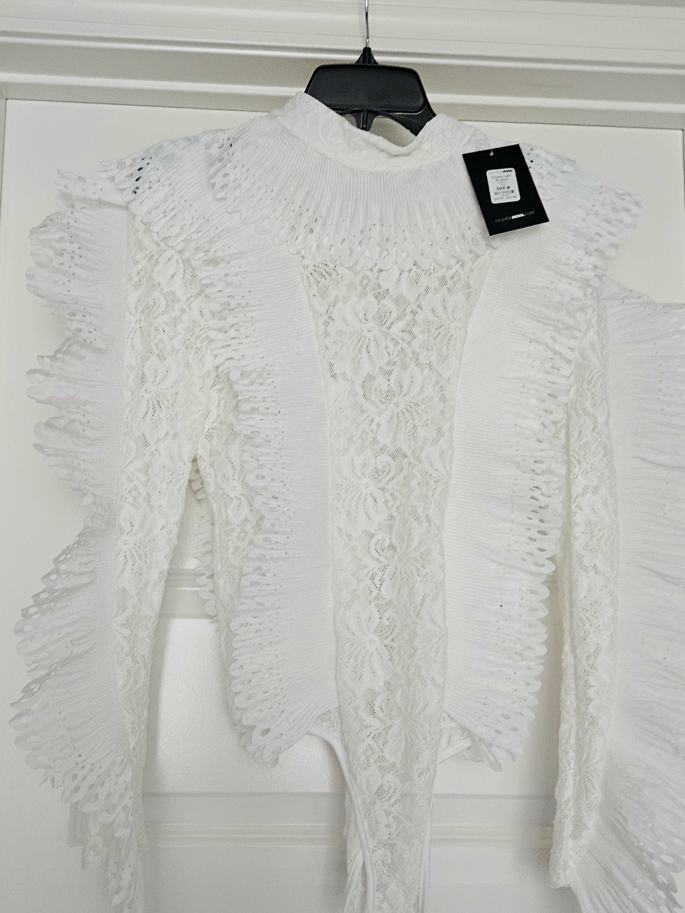 Fashion Nova Ivory Lace Ruffle High-Neck Bodysuit